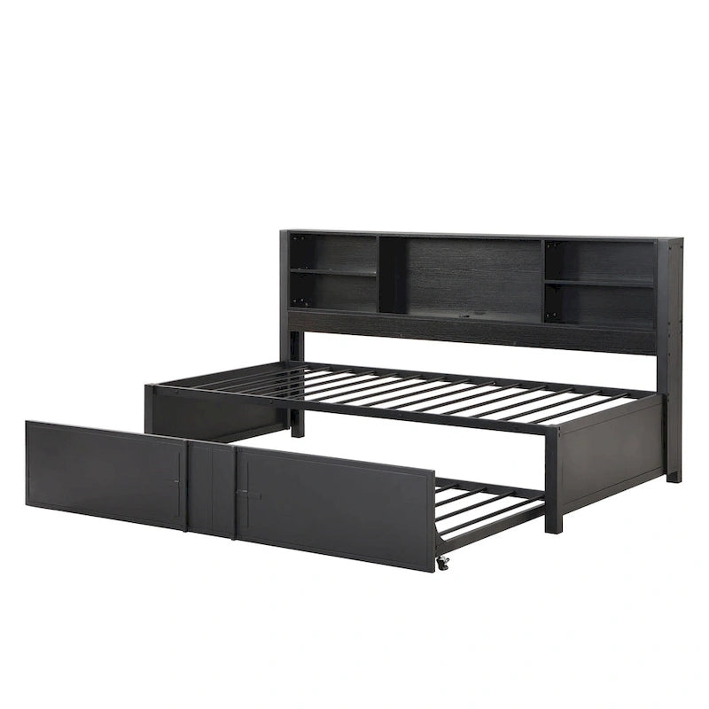 Lit de repos double en métal avec lit gigogne double, étagères de rangement et ports USB, noir