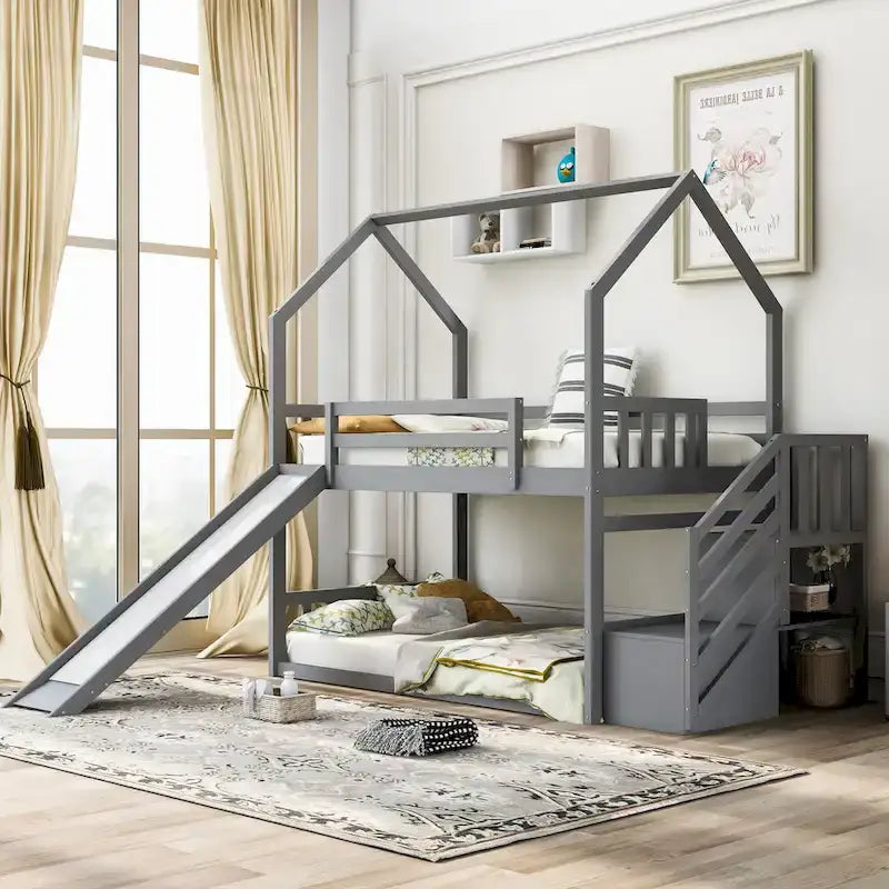 Lit superposé cabane jumeau sur jumeau avec toboggan convertible, escalier de rangement pouvant être placé à gauche ou à droite, gris