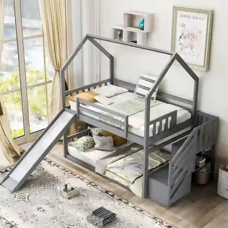 Lit superposé cabane jumeau sur jumeau avec toboggan convertible, escalier de rangement pouvant être placé à gauche ou à droite, gris