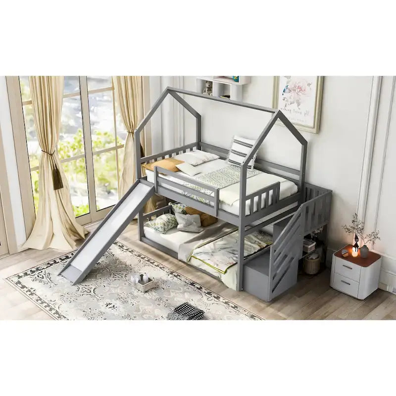 Lit superposé cabane jumeau sur jumeau avec toboggan convertible, escalier de rangement pouvant être placé à gauche ou à droite, gris