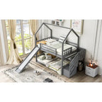 Lit superposé cabane jumeau sur jumeau avec toboggan convertible, escalier de rangement pouvant être placé à gauche ou à droite, gris