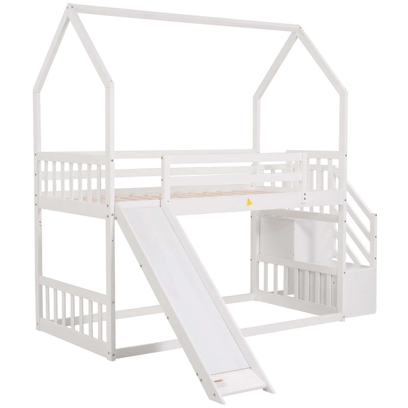 Lit superposé cabane jumeau sur jumeau avec toboggan convertible, escalier de rangement pouvant être placé à gauche ou à droite, gris