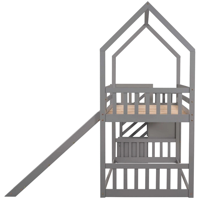 Lit superposé cabane jumeau sur jumeau avec toboggan convertible, escalier de rangement pouvant être placé à gauche ou à droite, gris
