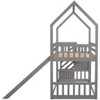 Lit superposé cabane jumeau sur jumeau avec toboggan convertible, escalier de rangement pouvant être placé à gauche ou à droite, gris