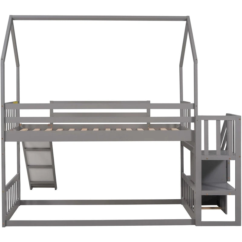Lit superposé cabane jumeau sur jumeau avec toboggan convertible, escalier de rangement pouvant être placé à gauche ou à droite, gris