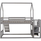 Lit superposé cabane jumeau sur jumeau avec toboggan convertible, escalier de rangement pouvant être placé à gauche ou à droite, gris