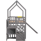 Lit superposé cabane jumeau sur jumeau avec toboggan convertible, escalier de rangement pouvant être placé à gauche ou à droite, gris