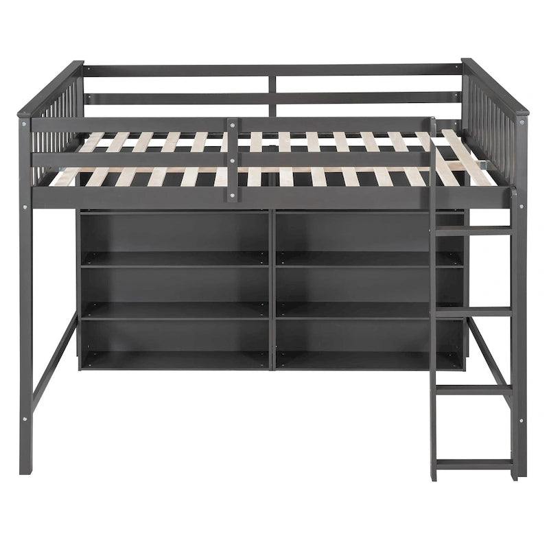 Lit mezzanine double avec 8 étagères de rangement ouvertes et échelle intégrée, gris