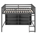 Lit mezzanine double avec 8 étagères de rangement ouvertes et échelle intégrée, gris
