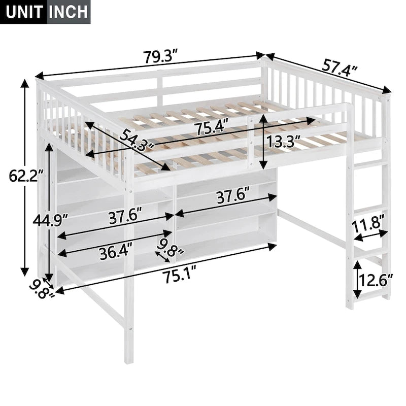 Lit mezzanine double avec 8 étagères de rangement ouvertes et échelle intégrée, gris