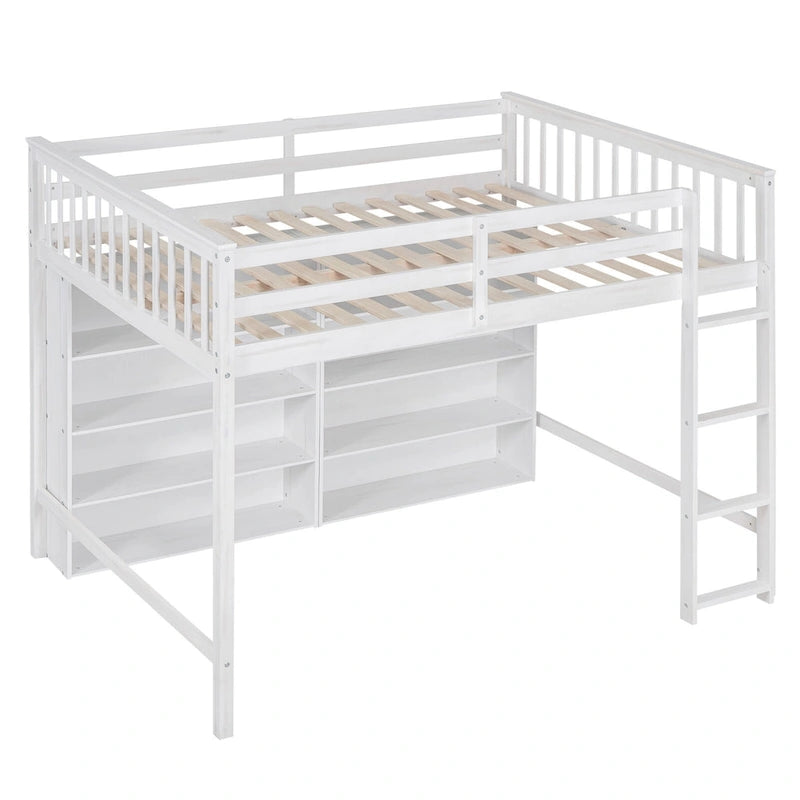 Lit mezzanine double avec 8 étagères de rangement ouvertes et échelle intégrée, gris