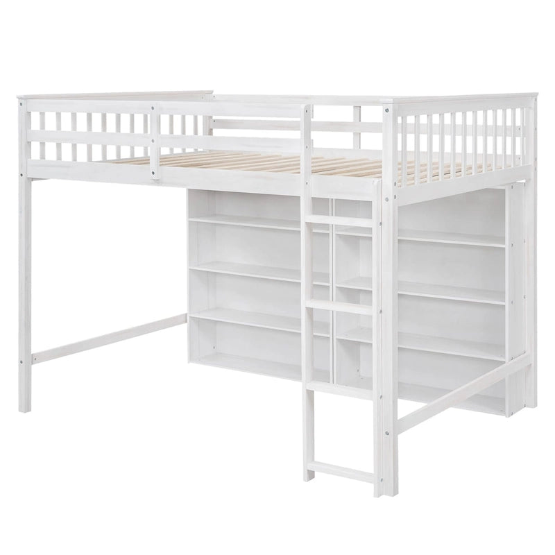 Lit mezzanine double avec 8 étagères de rangement ouvertes et échelle intégrée, gris