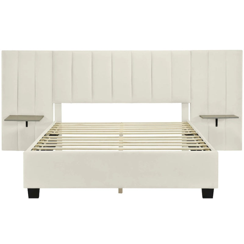 Lit plateforme rembourré Queen Size avec grande tête de lit, Meubles de chambre, Velours, Beige