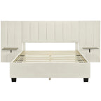 Lit plateforme rembourré Queen Size avec grande tête de lit, Meubles de chambre, Velours, Beige