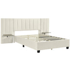 Lit plateforme rembourré Queen Size avec grande tête de lit, Meubles de chambre, Velours, Beige