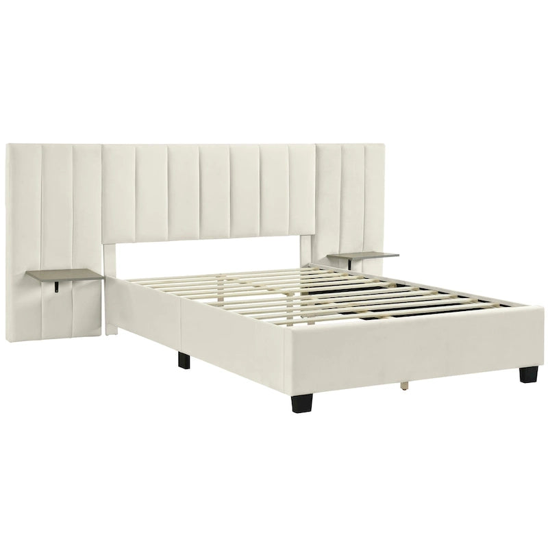 Lit plateforme rembourré Queen Size avec grande tête de lit, Meubles de chambre, Velours, Beige
