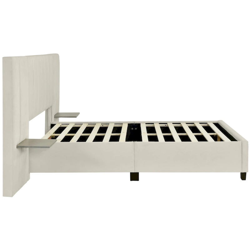 Lit plateforme rembourré Queen Size avec grande tête de lit, Meubles de chambre, Velours, Beige
