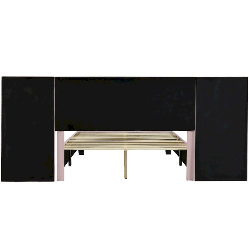 Lit plateforme rembourré Queen Size avec grande tête de lit, Meubles de chambre, Velours, Beige