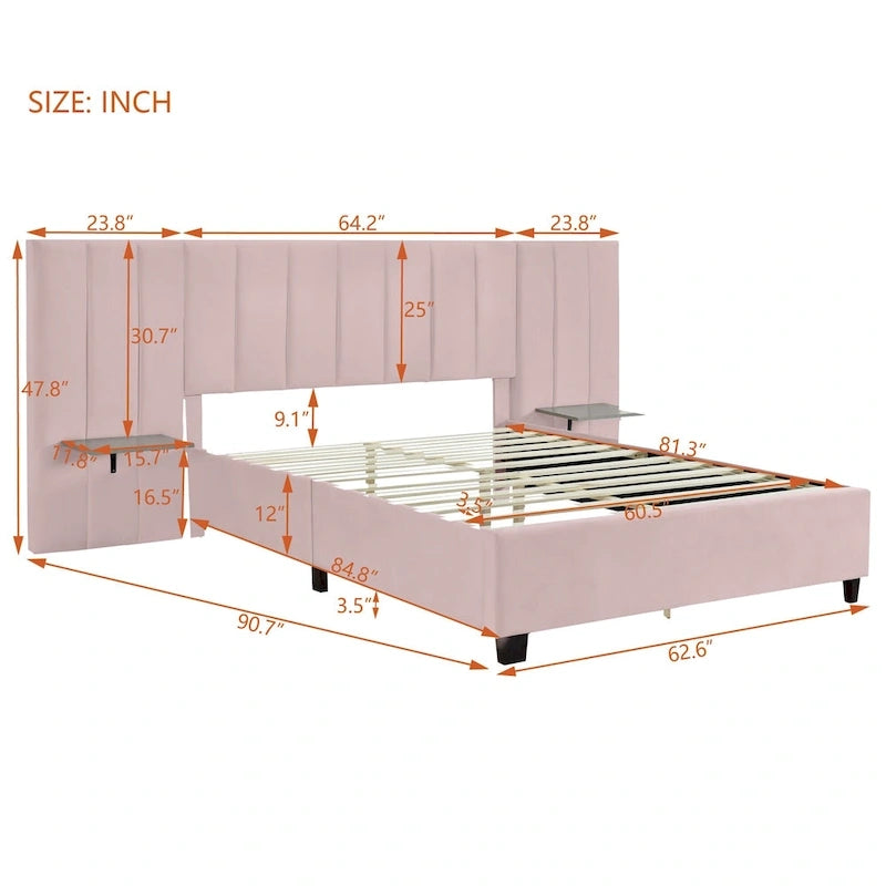 Lit plateforme rembourré Queen Size avec grande tête de lit, Meubles de chambre, Velours, Beige