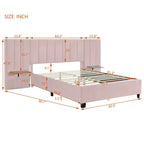 Lit plateforme rembourré Queen Size avec grande tête de lit, Meubles de chambre, Velours, Beige