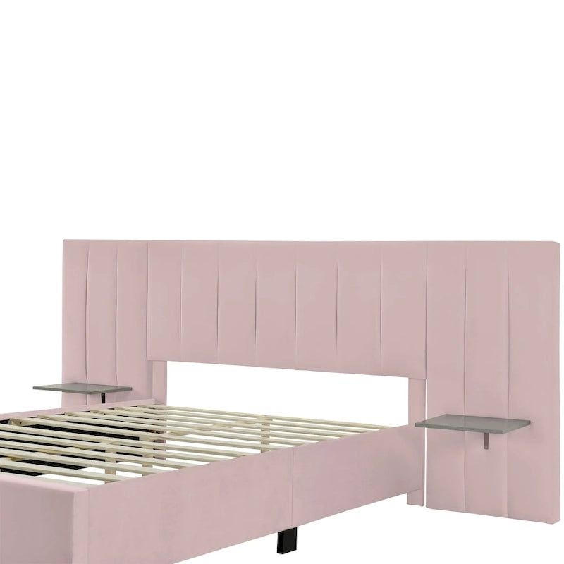 Lit plateforme rembourré Queen Size avec grande tête de lit, Meubles de chambre, Velours, Beige