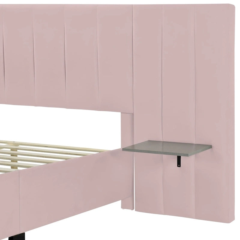 Lit plateforme rembourré Queen Size avec grande tête de lit, Meubles de chambre, Velours, Beige