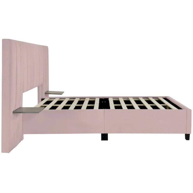 Lit plateforme rembourré Queen Size avec grande tête de lit, Meubles de chambre, Velours, Beige
