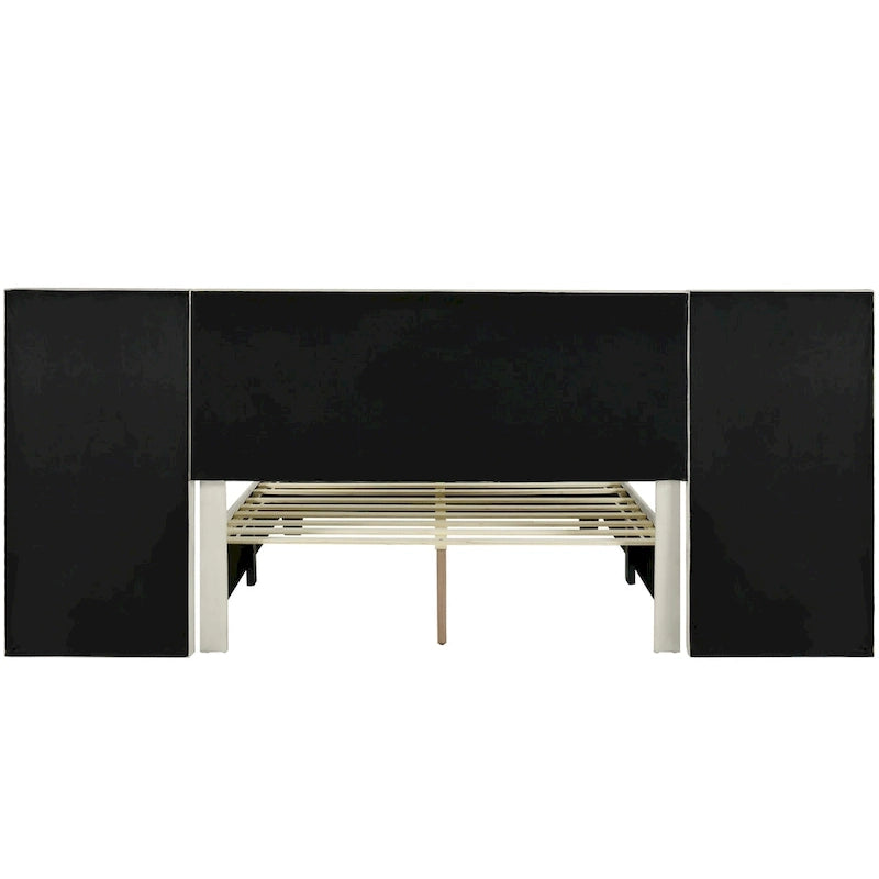 Lit plateforme rembourré Queen Size avec grande tête de lit, Meubles de chambre, Velours, Beige