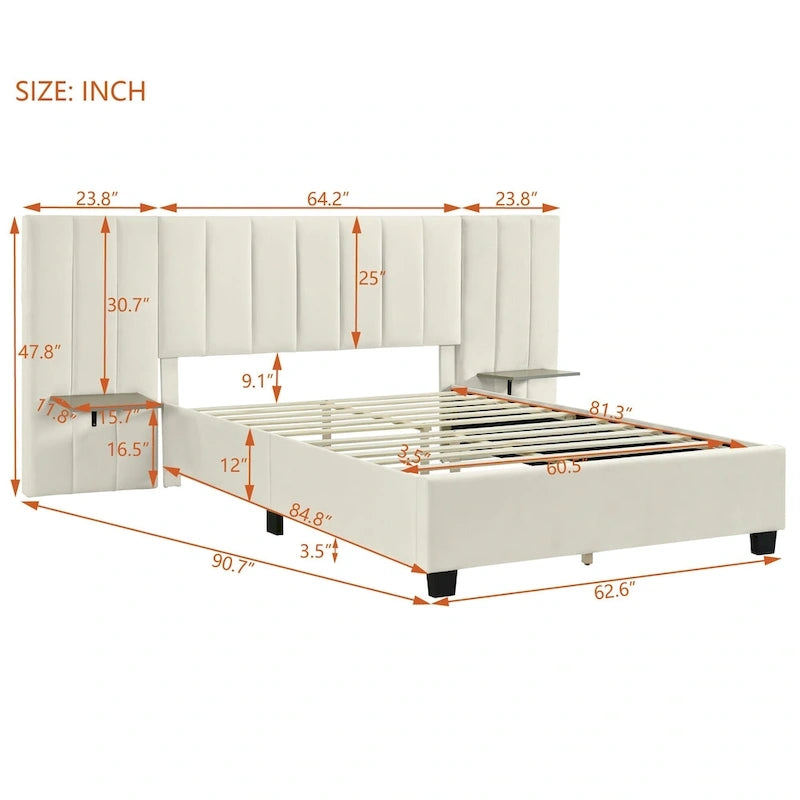 Lit plateforme rembourré Queen Size avec grande tête de lit, Meubles de chambre, Velours, Beige