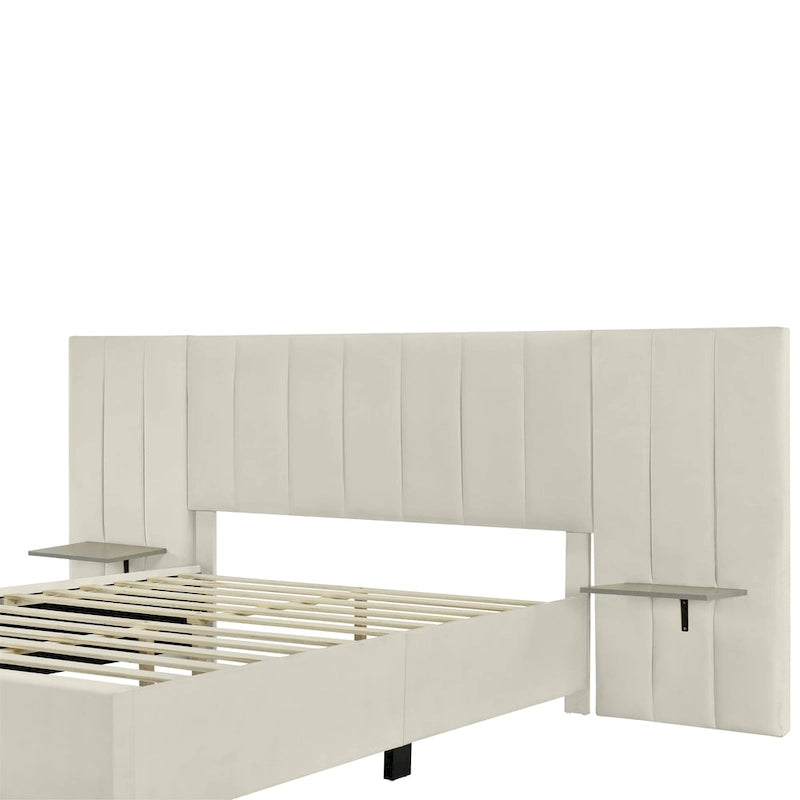 Lit plateforme rembourré Queen Size avec grande tête de lit, Meubles de chambre, Velours, Beige