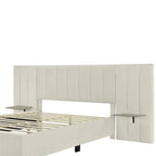 Lit plateforme rembourré Queen Size avec grande tête de lit, Meubles de chambre, Velours, Beige