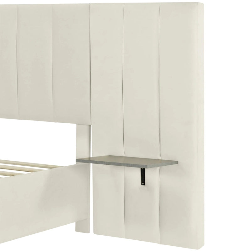 Lit plateforme rembourré Queen Size avec grande tête de lit, Meubles de chambre, Velours, Beige