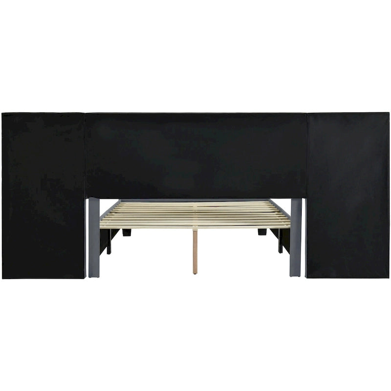 Lit plateforme rembourré Queen Size avec grande tête de lit, Meubles de chambre, Velours, Beige