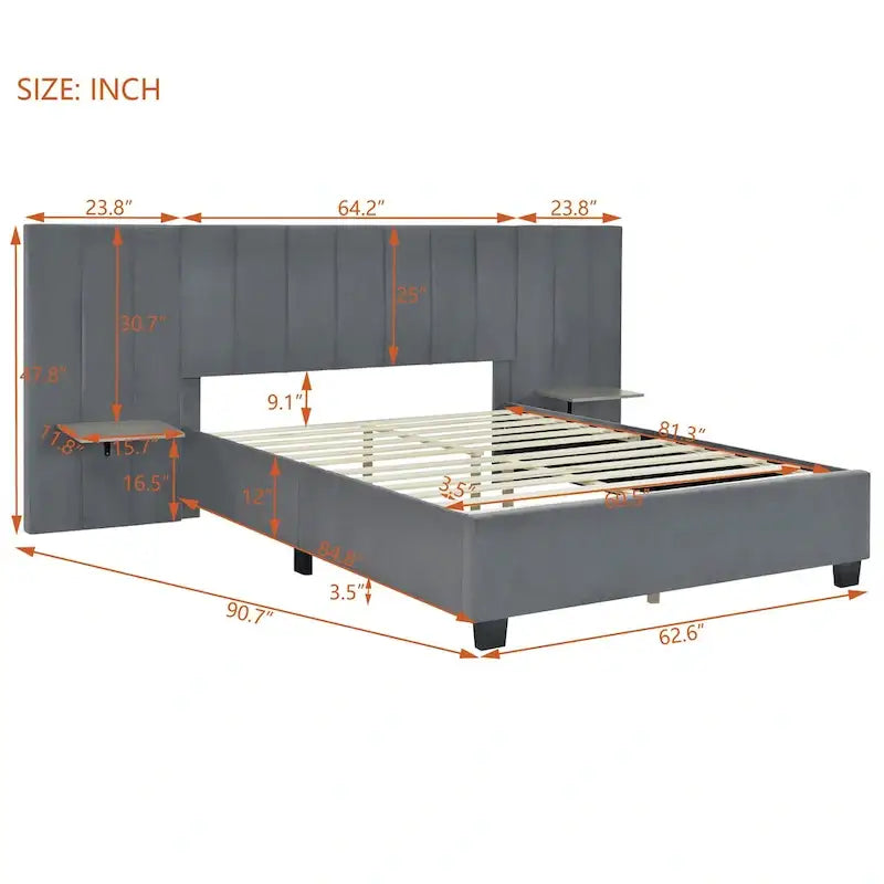 Lit plateforme rembourré Queen Size avec grande tête de lit, Meubles de chambre, Velours, Beige