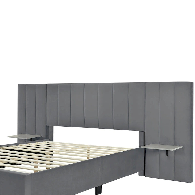 Lit plateforme rembourré Queen Size avec grande tête de lit, Meubles de chambre, Velours, Beige
