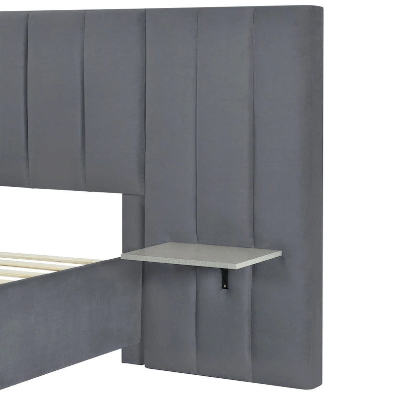 Lit plateforme rembourré Queen Size avec grande tête de lit, Meubles de chambre, Velours, Beige