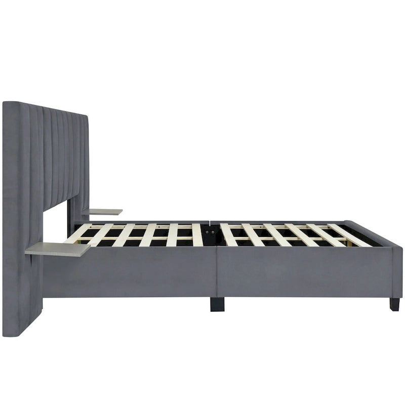Lit plateforme rembourré Queen Size avec grande tête de lit, Meubles de chambre, Velours, Beige