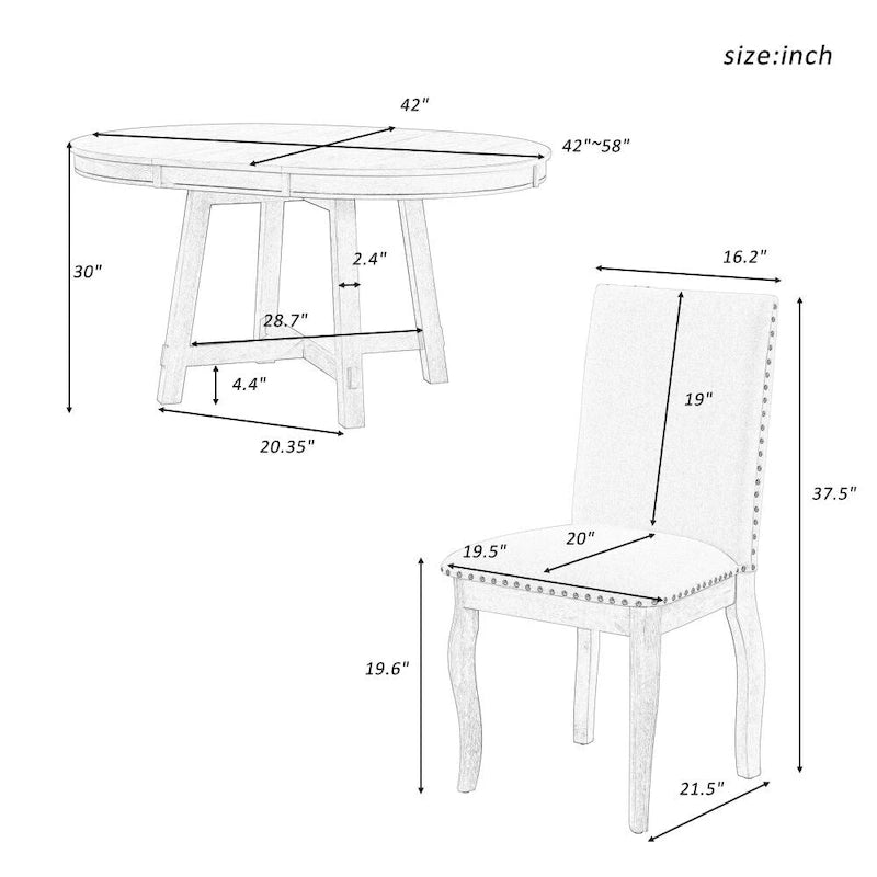 Ensemble de table à manger de ferme 5 pièces avec table ronde extensible en bois et 4 chaises de salle à manger rembourrées
