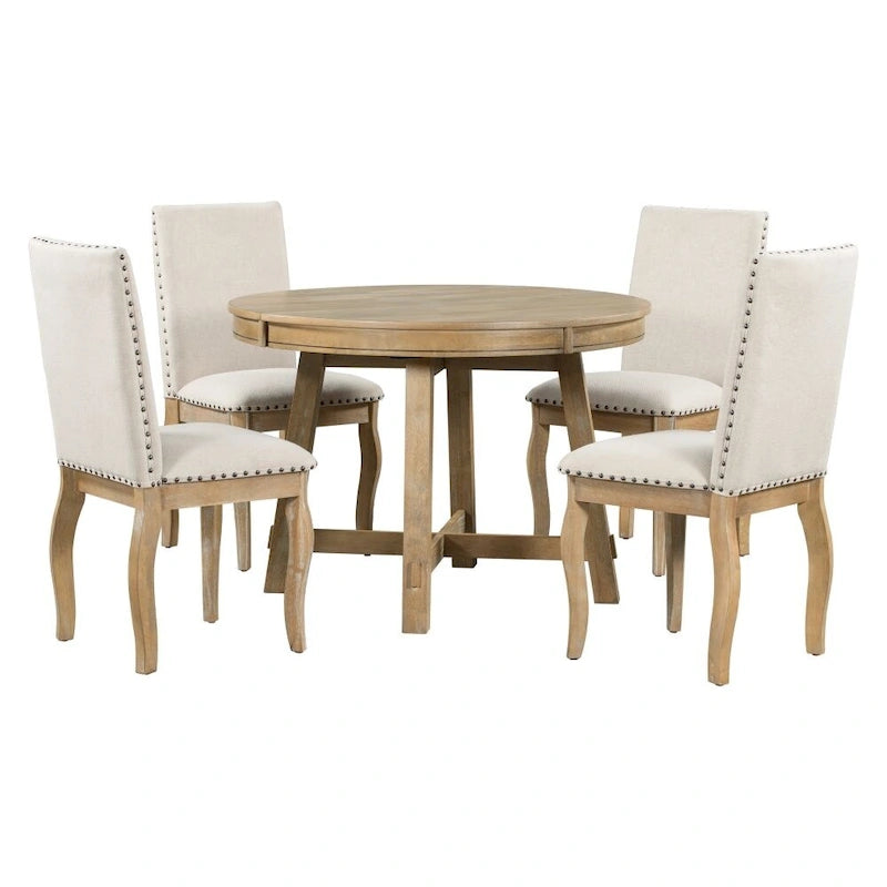 Ensemble de table à manger de ferme 5 pièces avec table ronde extensible en bois et 4 chaises de salle à manger rembourrées
