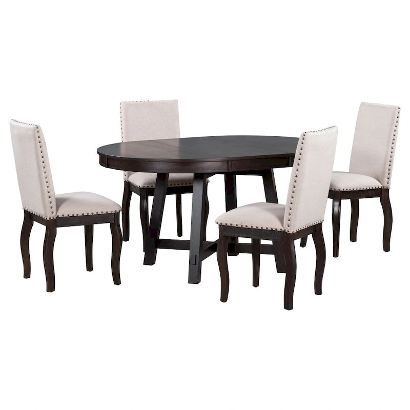 Ensemble de table à manger de ferme 5 pièces avec table ronde extensible en bois et 4 chaises de salle à manger rembourrées