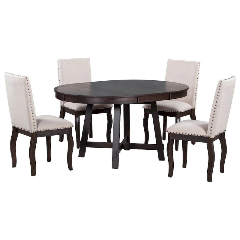 Ensemble de table à manger de ferme 5 pièces avec table ronde extensible en bois et 4 chaises de salle à manger rembourrées