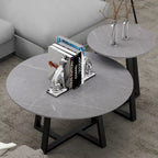Lot de 2 tables basses gigognes rondes en pierre frittée effet marbre – 80 x 40 cm