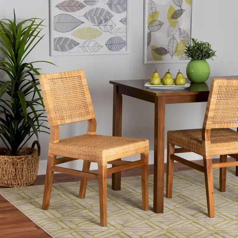 Chaise de salle à manger Lesia en rotin naturel et bois d'acajou
