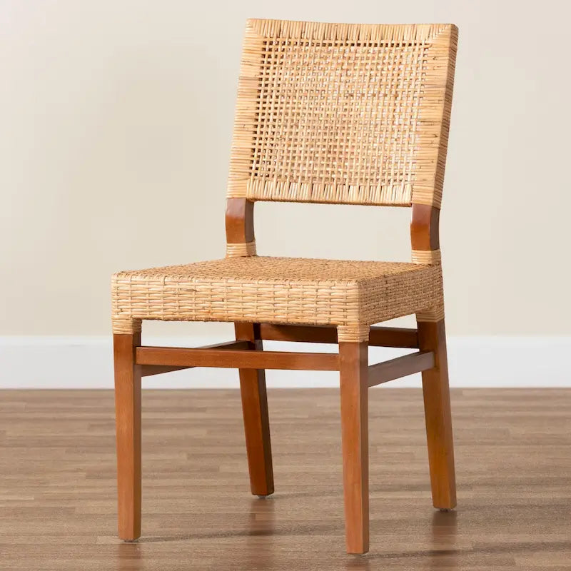 Chaise de salle à manger Lesia en rotin naturel et bois d'acajou