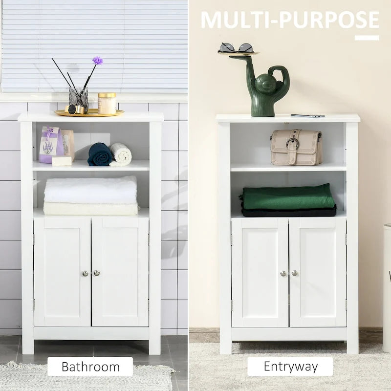 Meuble de Rangement au Sol pour Salle de Bain kleankin, Armoire à Linge Autoportante avec Portes Doubles et 2 Étagères Réglables, Blanc