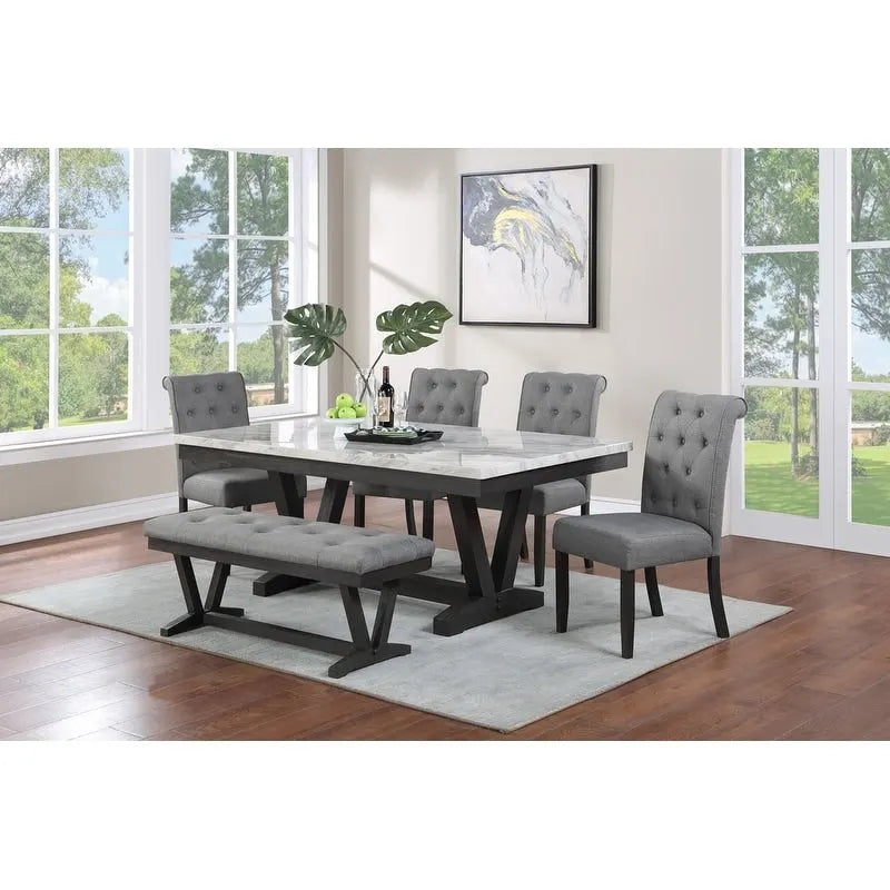 Ensemble de salle à manger 6 pièces avec banc et plateau de table enveloppé en faux marbre, de qualité supérieure