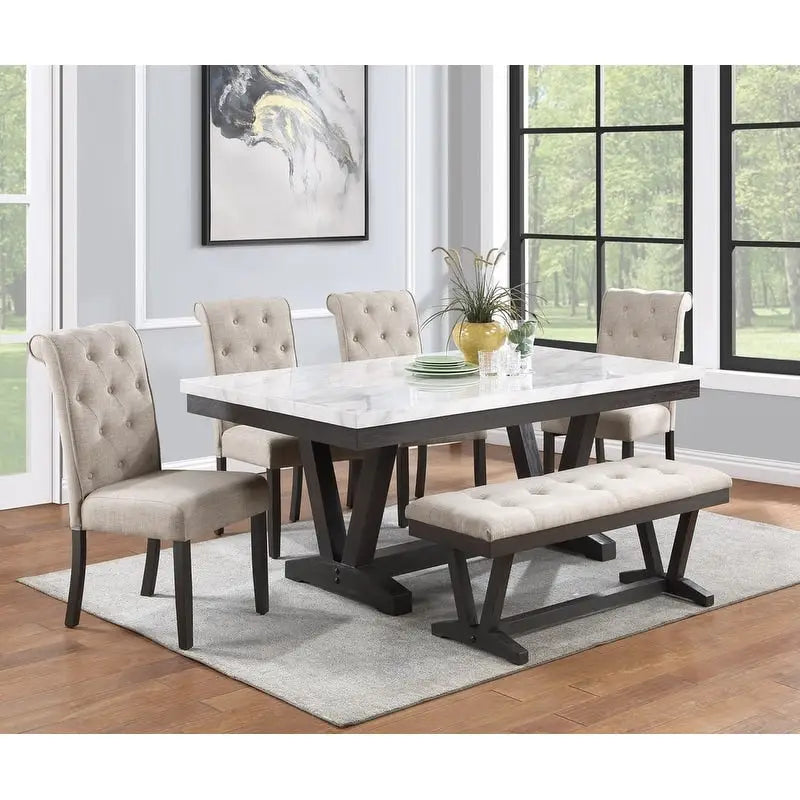 Ensemble de salle à manger 6 pièces avec banc et plateau de table enveloppé en faux marbre, de qualité supérieure