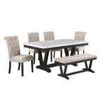 Ensemble de salle à manger 6 pièces avec banc et plateau de table enveloppé en faux marbre, de qualité supérieure