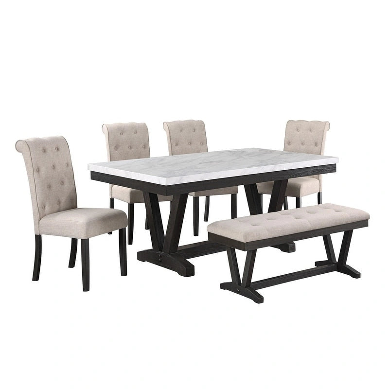 Ensemble de salle à manger 6 pièces avec banc et plateau de table enveloppé en faux marbre, de qualité supérieure