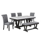 Ensemble de salle à manger 6 pièces avec banc et plateau de table enveloppé en faux marbre, de qualité supérieure
